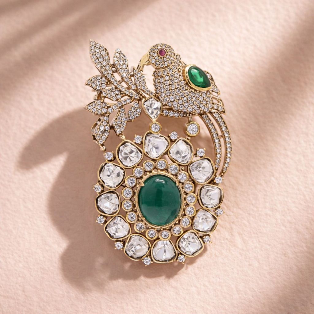 Antique Gold Finish Premium Polki Diamond Unisex Bird Brooch with Hydro Ruby and Emeralds