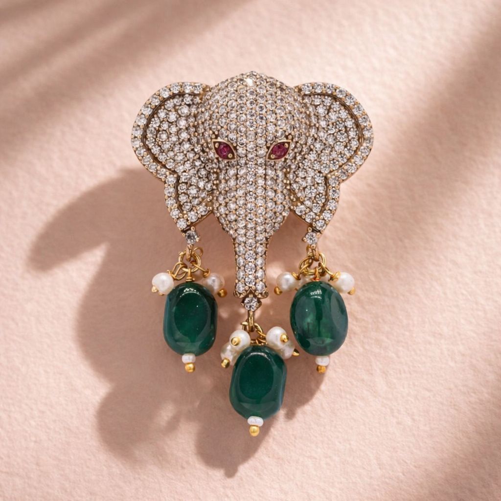 Antique Gold Finish Lord Ganesha Unisex Brooch for Men and Women with Emerald Drops