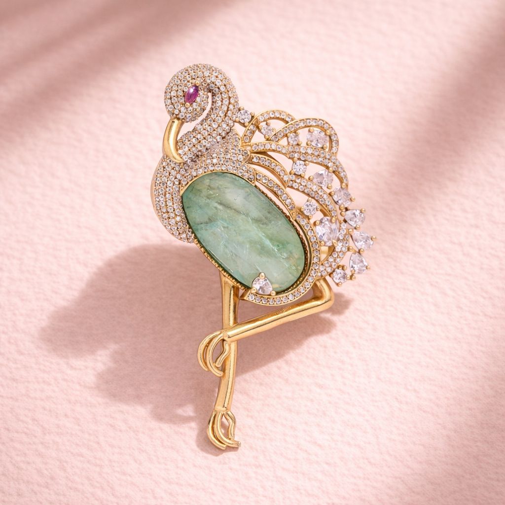 Premium Diamond Studded Unisex Swan Brooch with Hydro Green Jade and Ruby