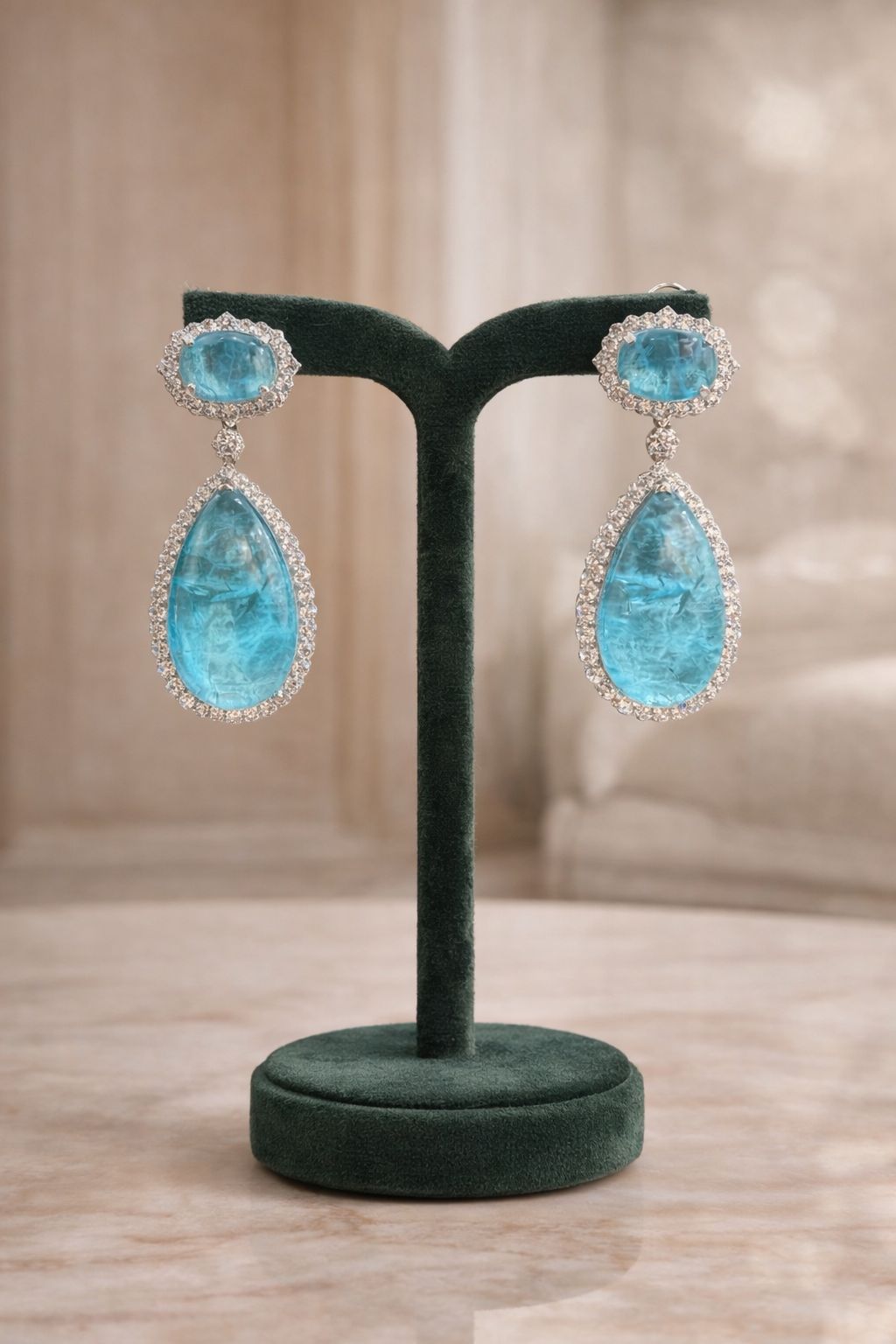 Aqua Blue Crystal American Diamond Studded Premium Party Long Earrings