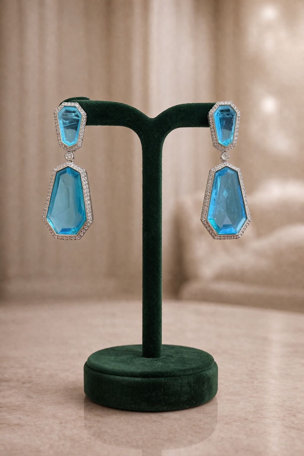 Blue Crystal American Diamond Premium Party Long Earrings