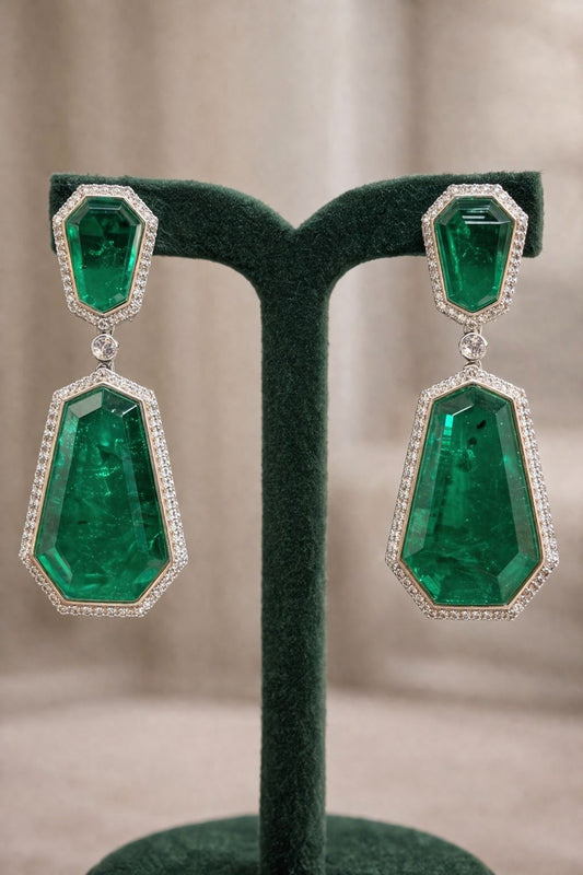 Deep Green Geometric Long Party Earrings with American Diamond Border