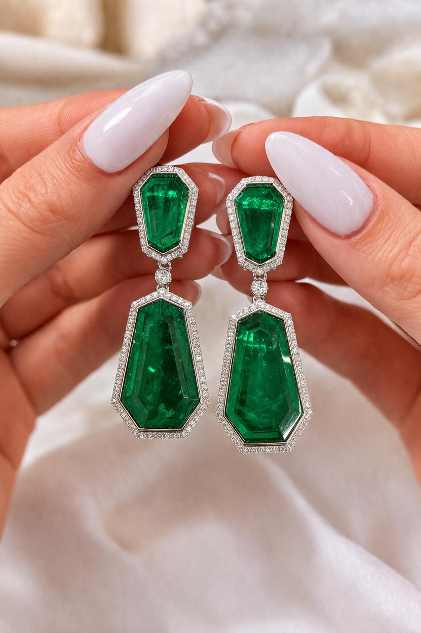 Deep Green Geometric Long Party Earrings with American Diamond Border