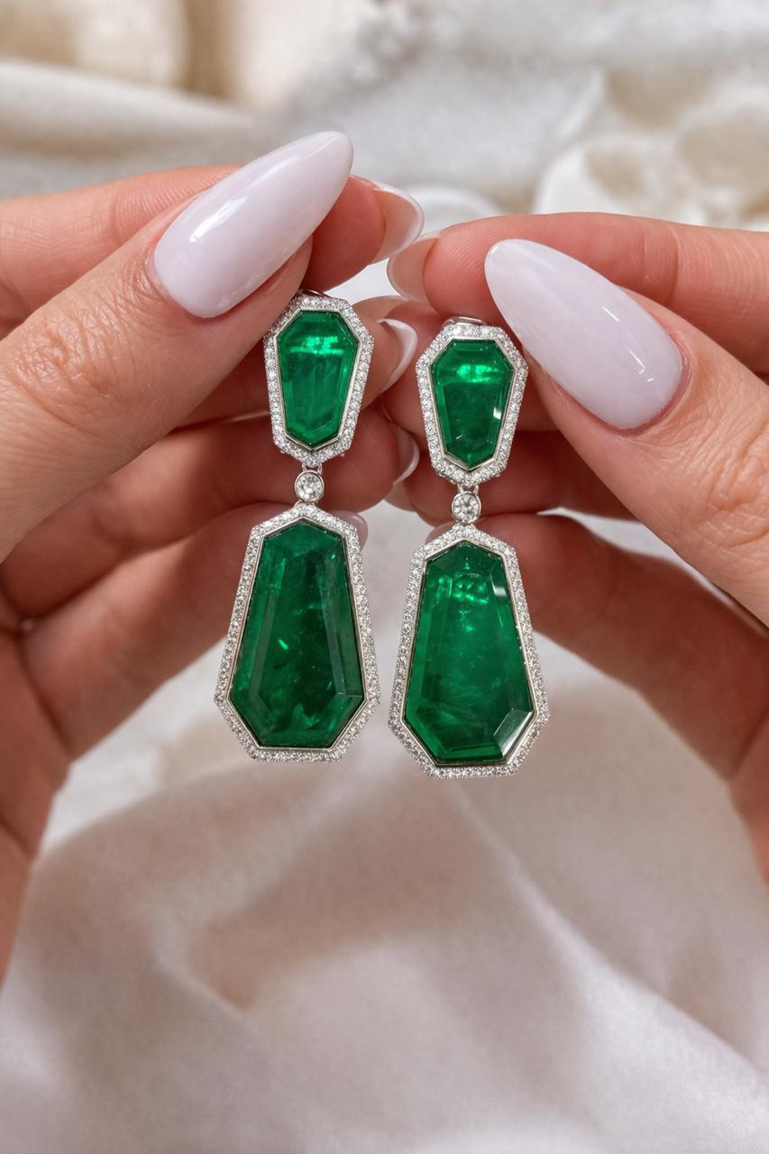 Deep Green Geometric Long Party Earrings with American Diamond Border