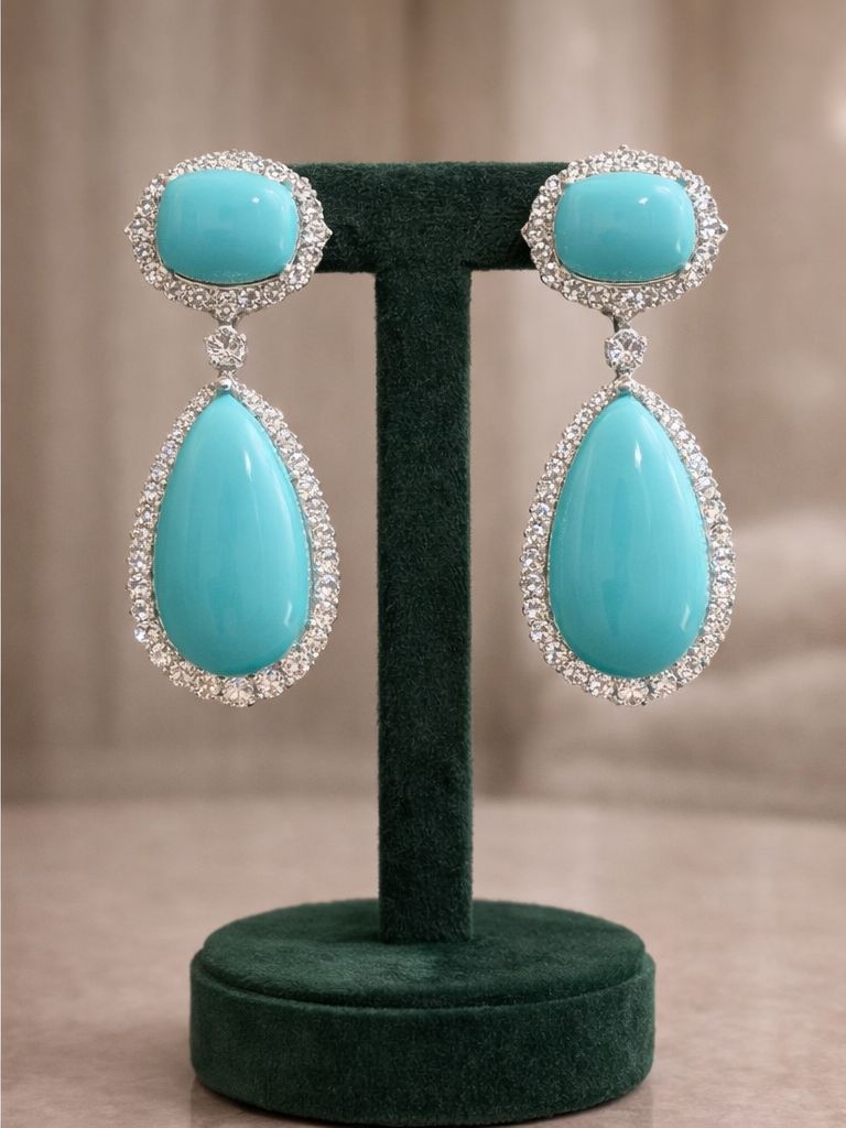 Sea Blue American Diamond Studded Premium Party Long Earrings