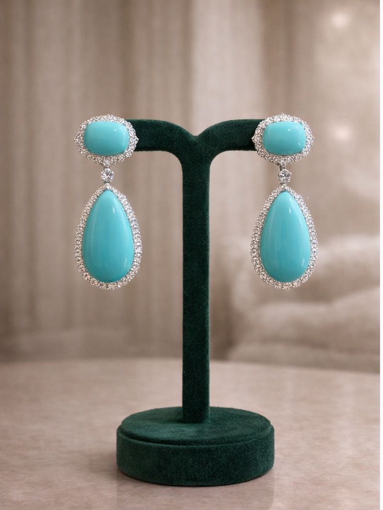 Sea Blue American Diamond Studded Premium Party Long Earrings