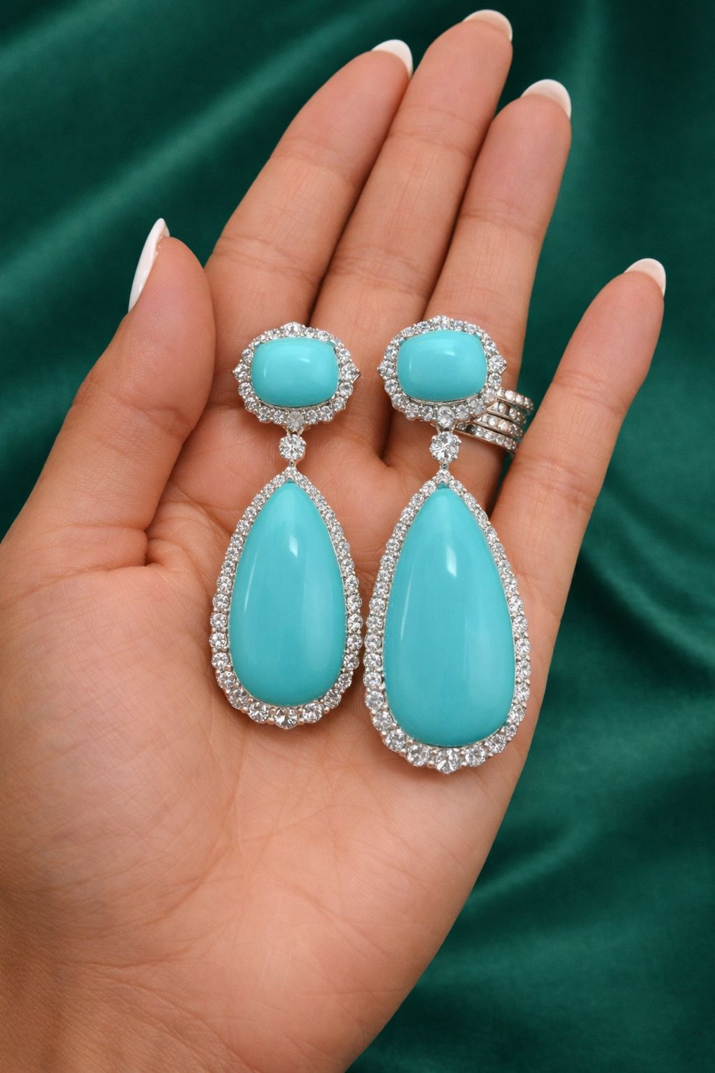 Sea Blue American Diamond Studded Premium Party Long Earrings