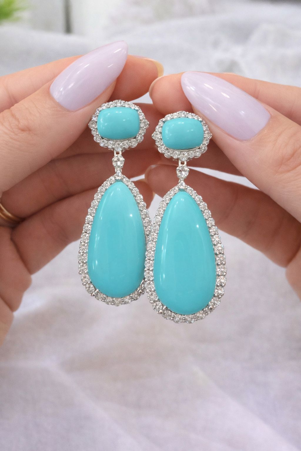 Sea Blue American Diamond Studded Premium Party Long Earrings