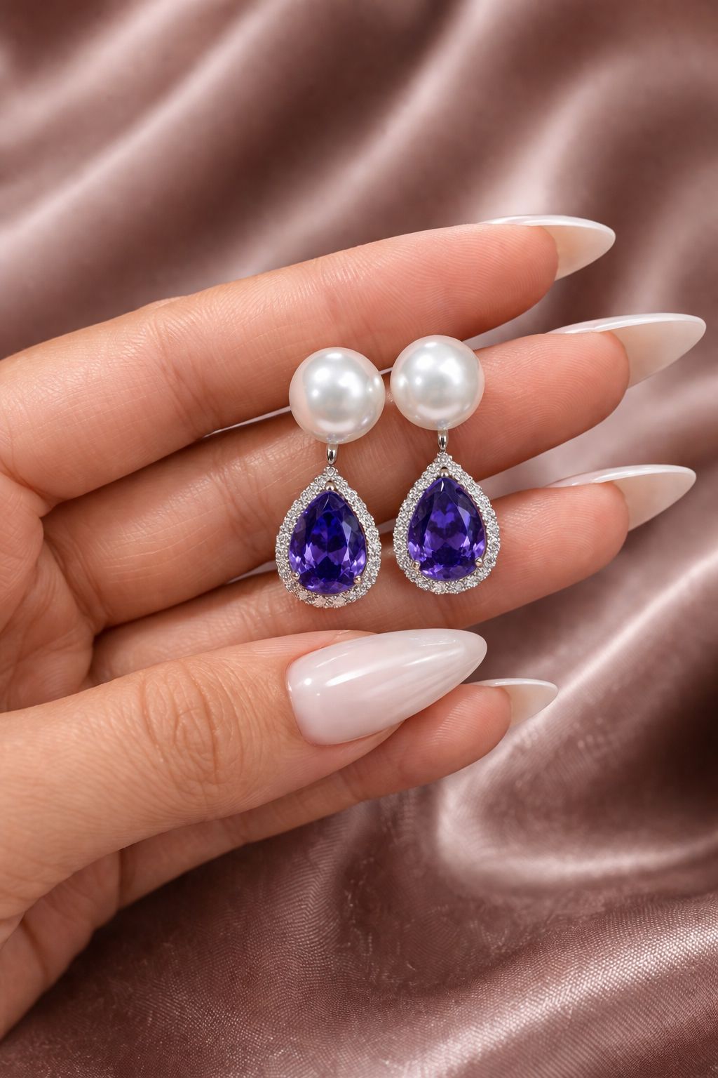 Detachable Pearl and Deep Blue Drop Solitaire Anti Tarnish Earrings for Women