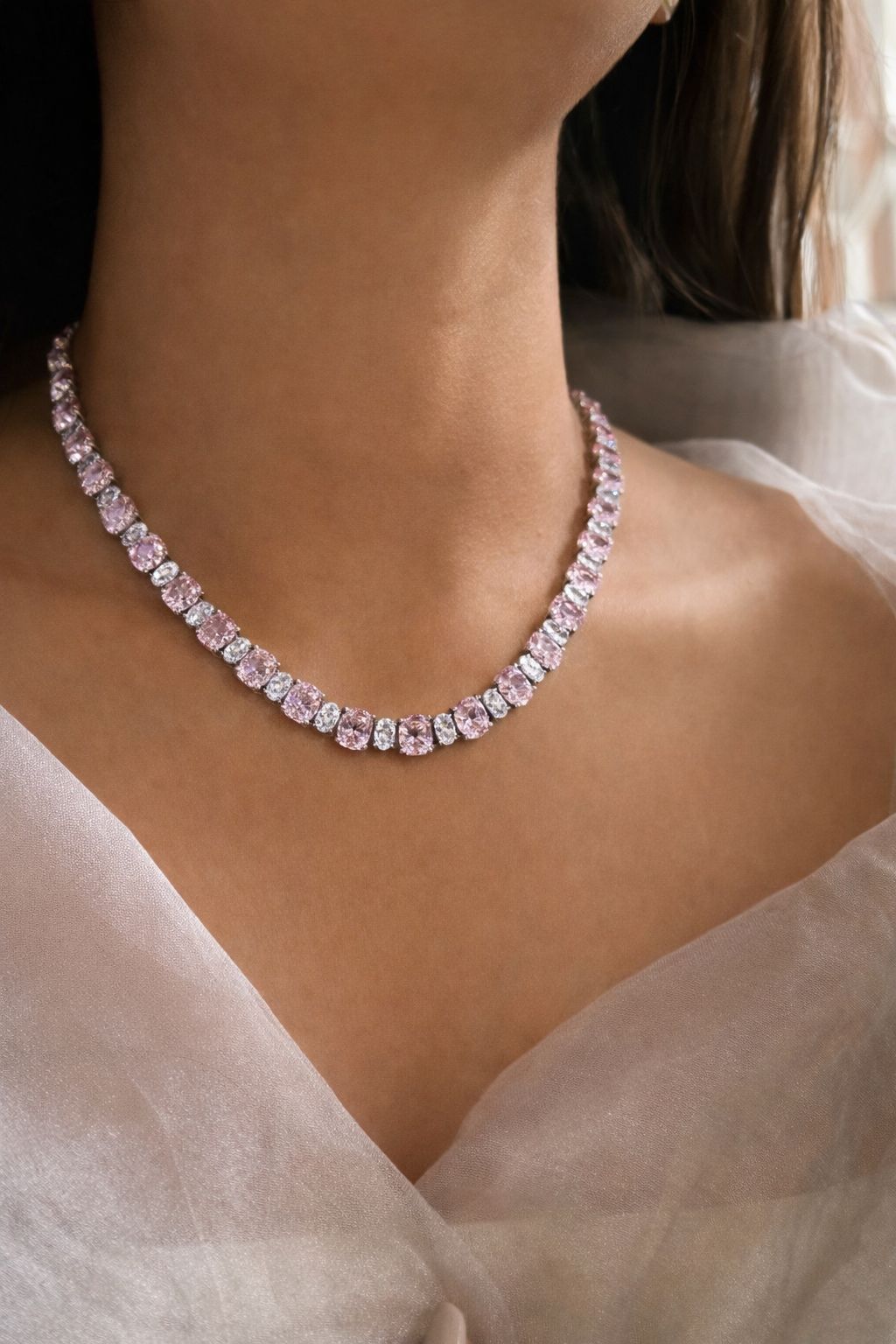 Premium Pink and White Oval Diamond Solitaire Classic String Necklace Set with Earrings