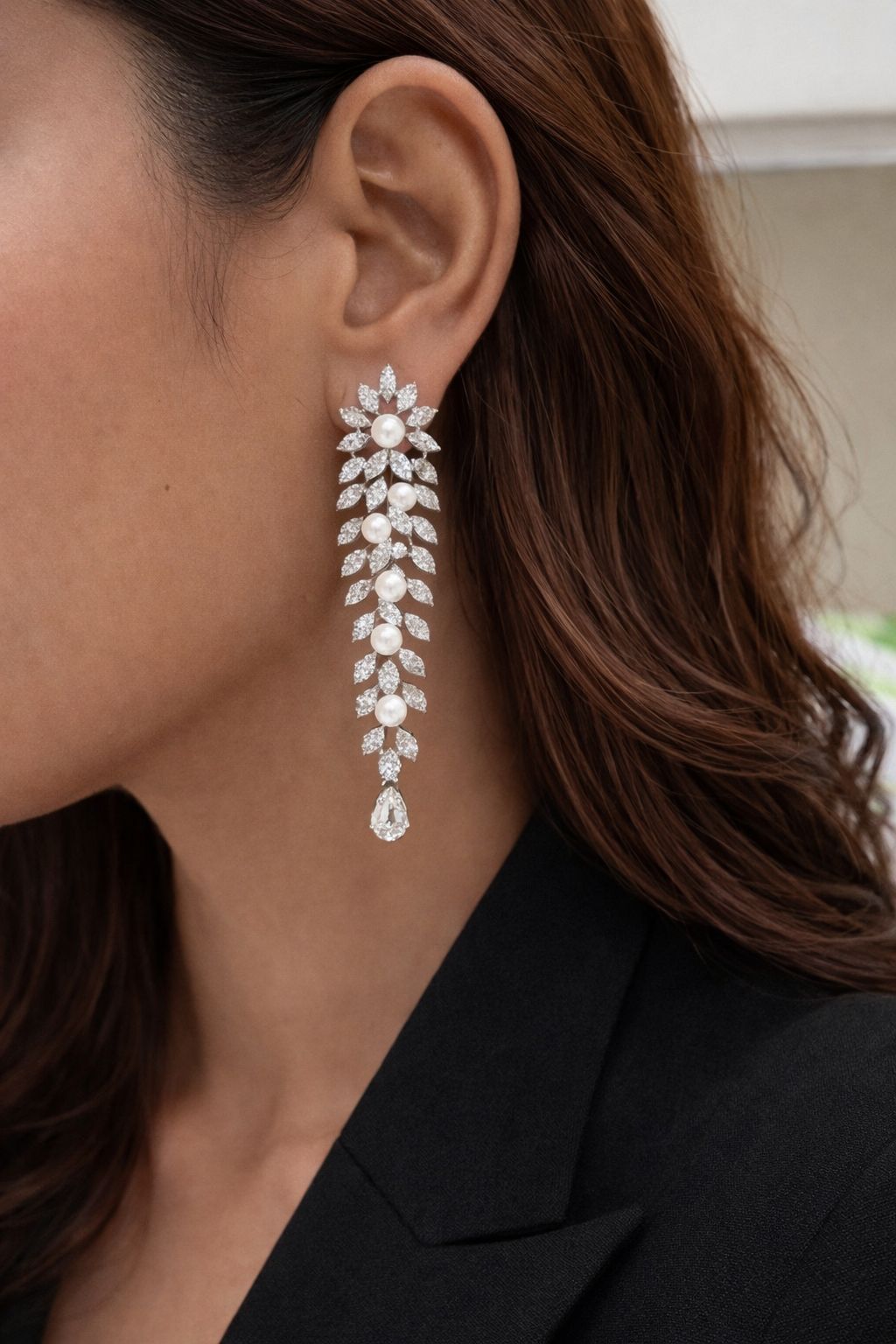 Classic White Pearl and Diamond Cocktail Necklace Set with Earrings