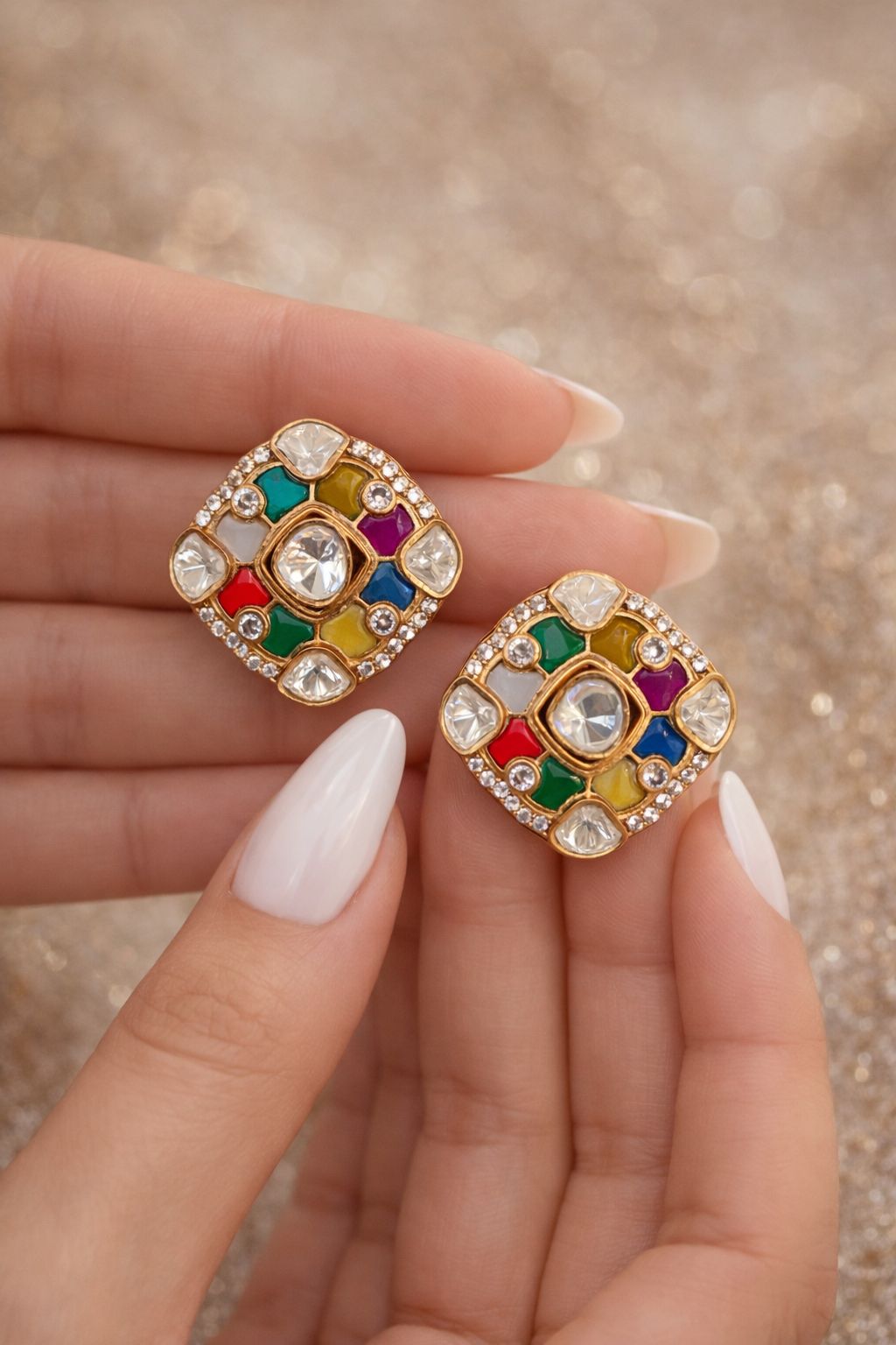 Navratna Polki Square Gold Finish Stud Earrings for Women