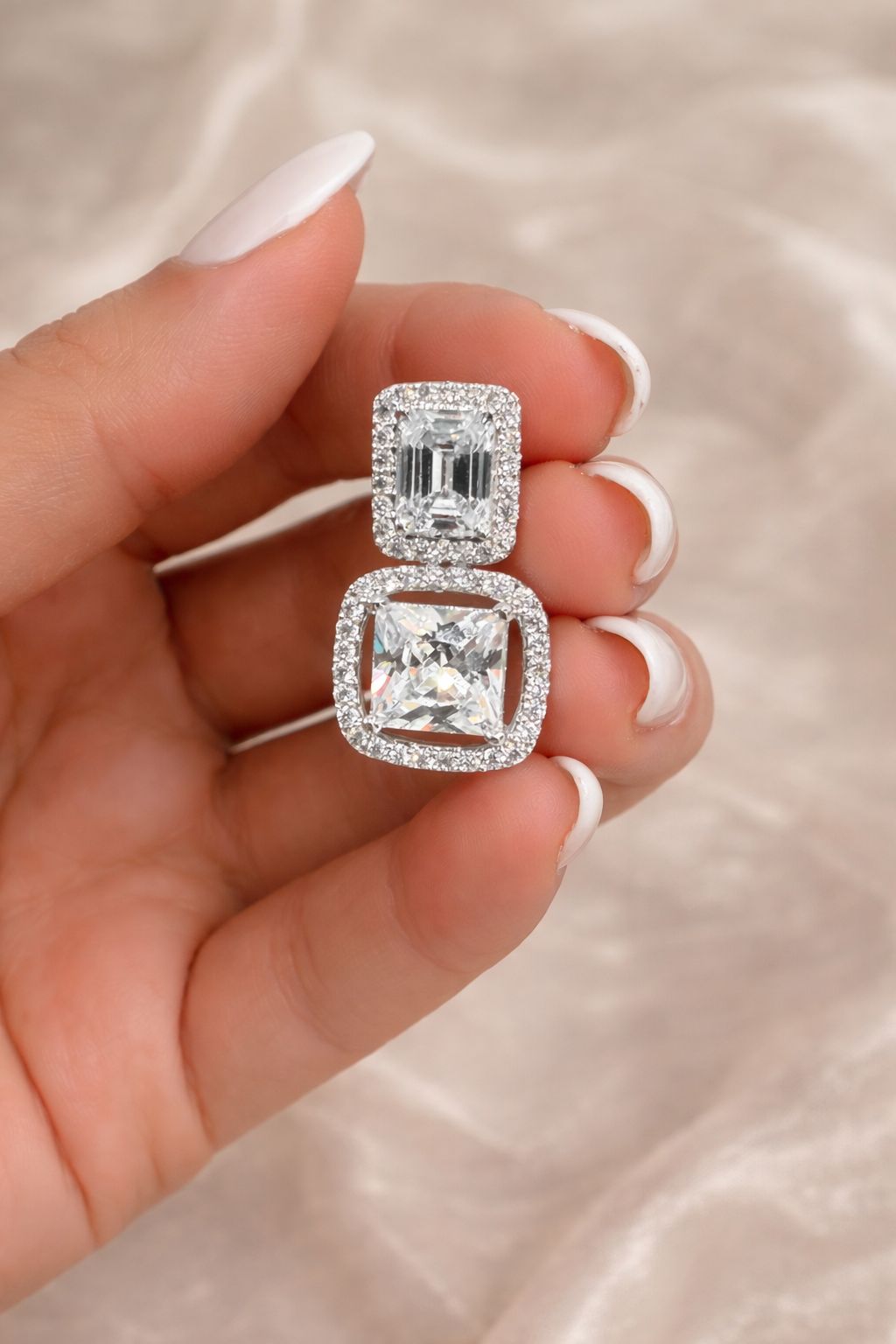 Premium Emerald Cut and Princess Cut Solitaire Double Layered Party Earrings for Women
