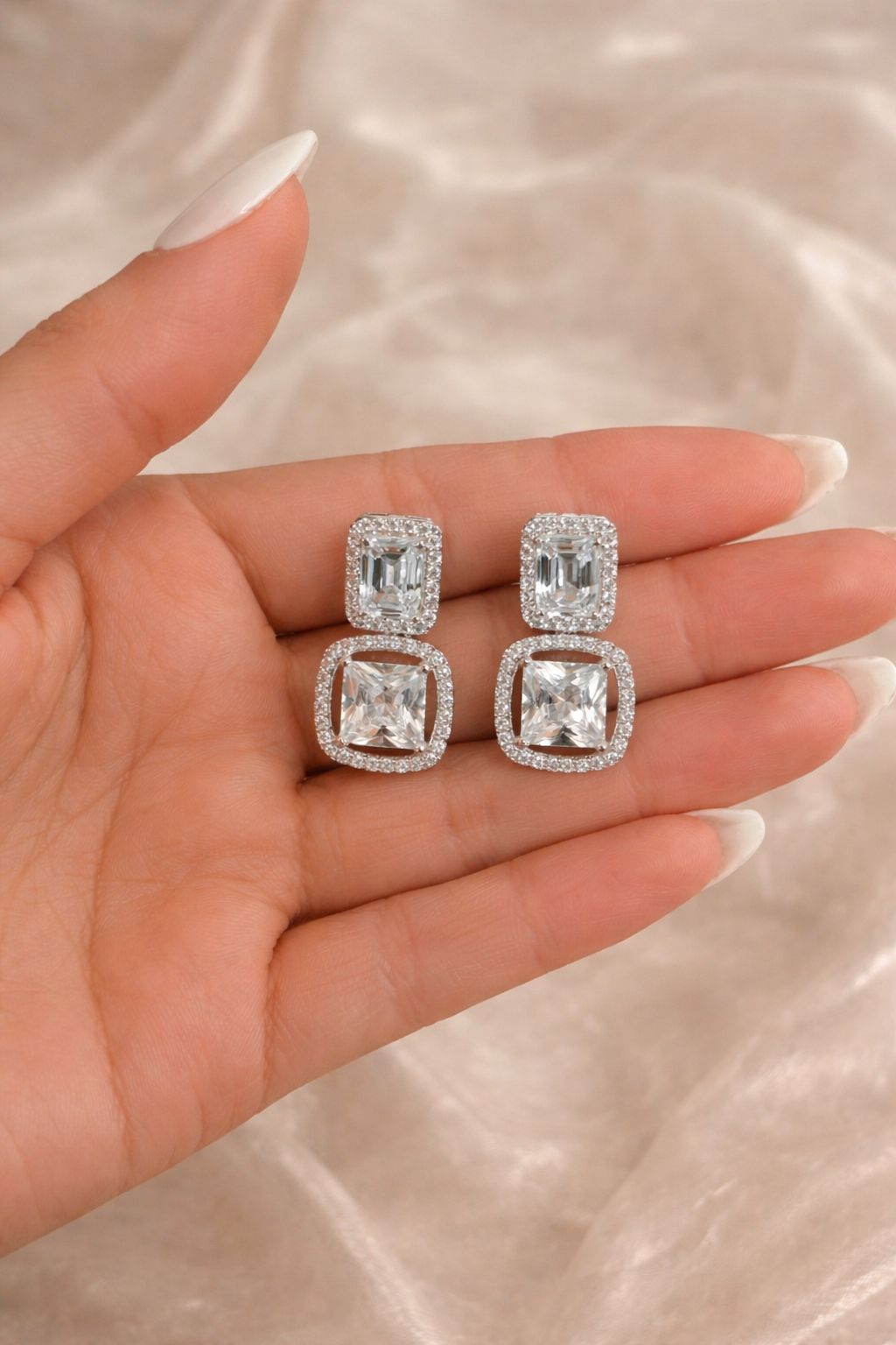 Premium Emerald Cut and Princess Cut Solitaire Double Layered Party Earrings for Women