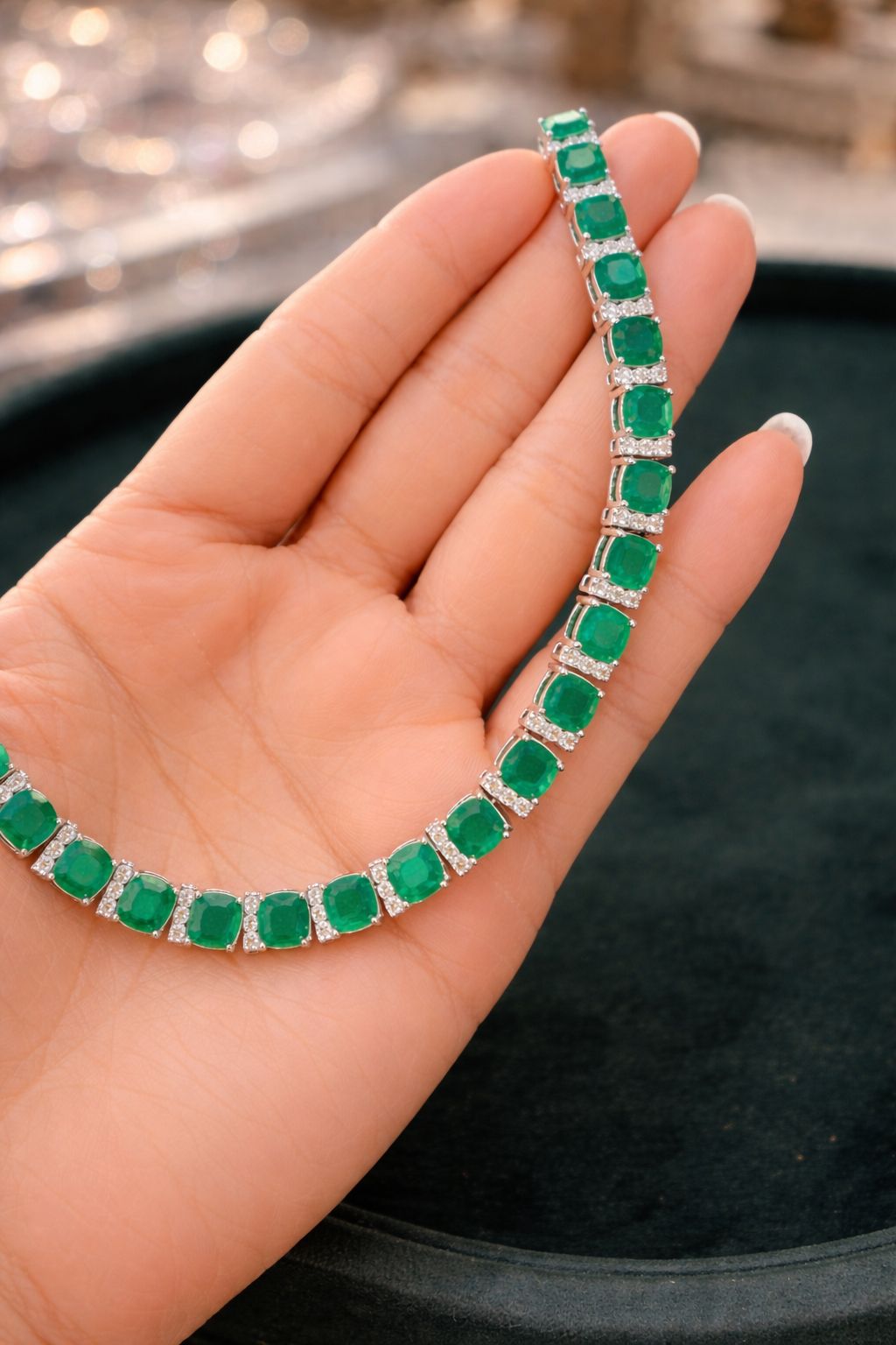 Premium Classic Emerald String Necklace Set with Diamonds