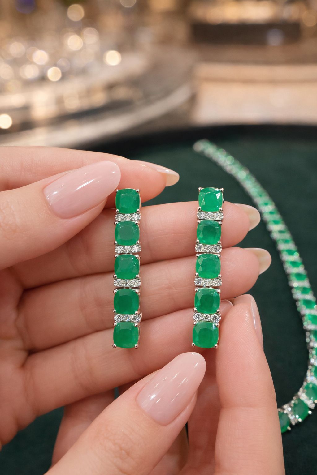 Premium Classic Emerald String Necklace Set with Diamonds
