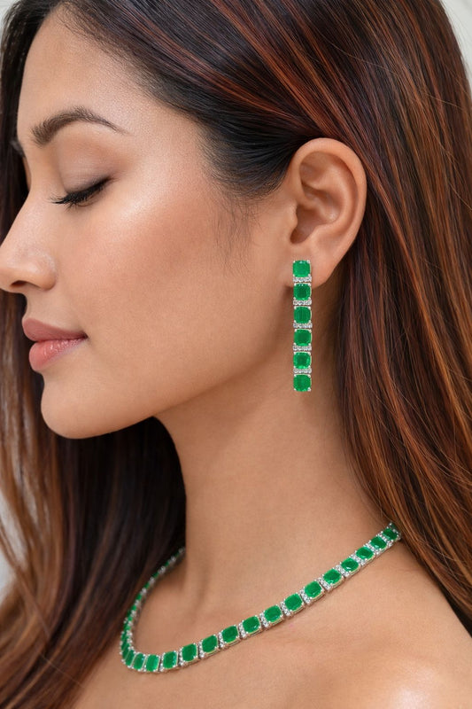 Premium Classic Emerald String Necklace Set with Diamonds
