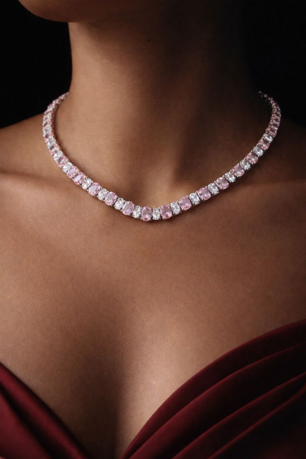 Premium Pink and White Oval Diamond Solitaire Classic String Necklace Set with Earrings