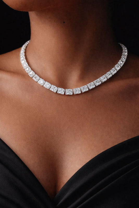 Premium Radiant Cushion Cut Solitaire Diamond Classic String Necklace Set with Earrings