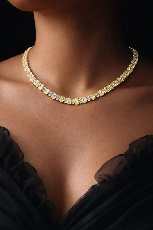Premium Yellow and White Oval Diamond Solitaire Classic String Necklace Set with Earrings