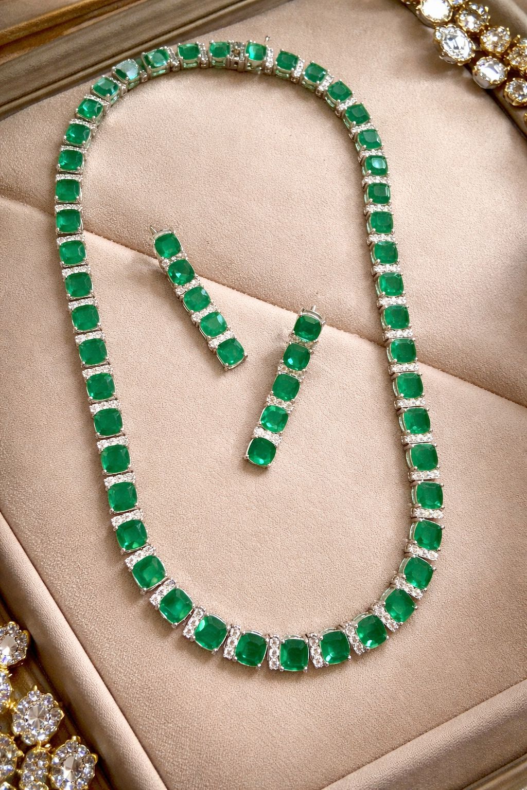Premium Classic Emerald String Necklace Set with Diamonds