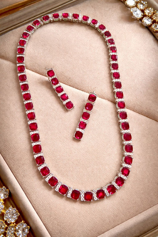 Premium Classic Ruby Solitaire String Necklace Set with Diamonds