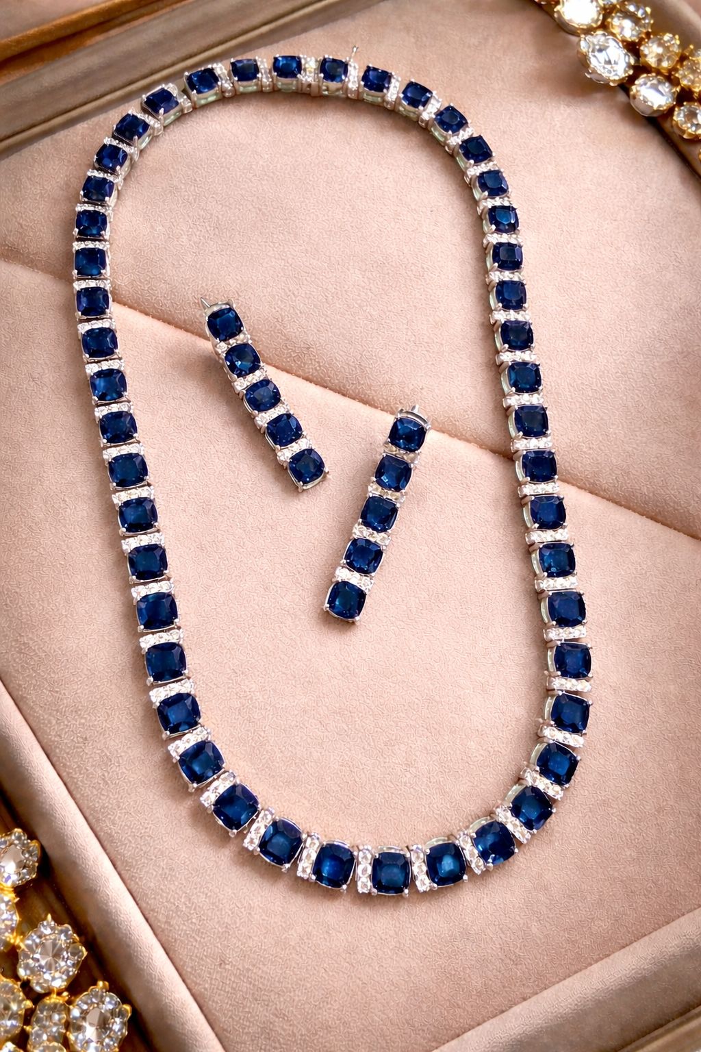 Premium Classic Blue Sapphire Solitaire String Necklace Set with Diamonds