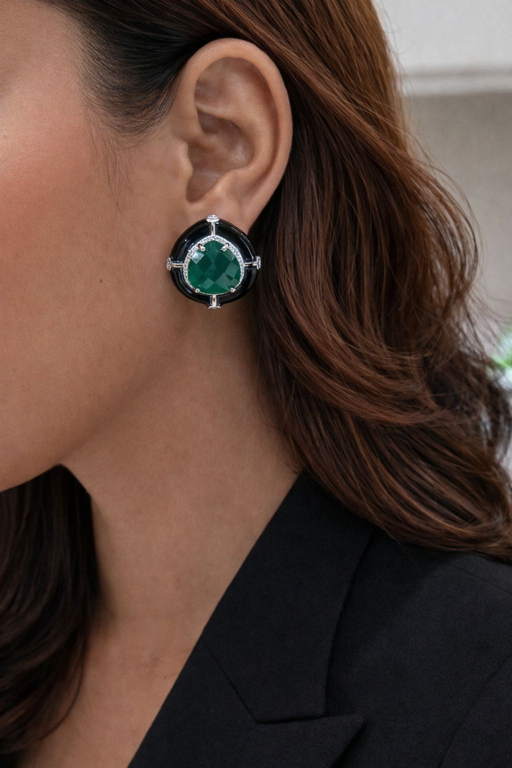 Premium Emerald Hydro and Black Enamel Statement Party Stud Earrings