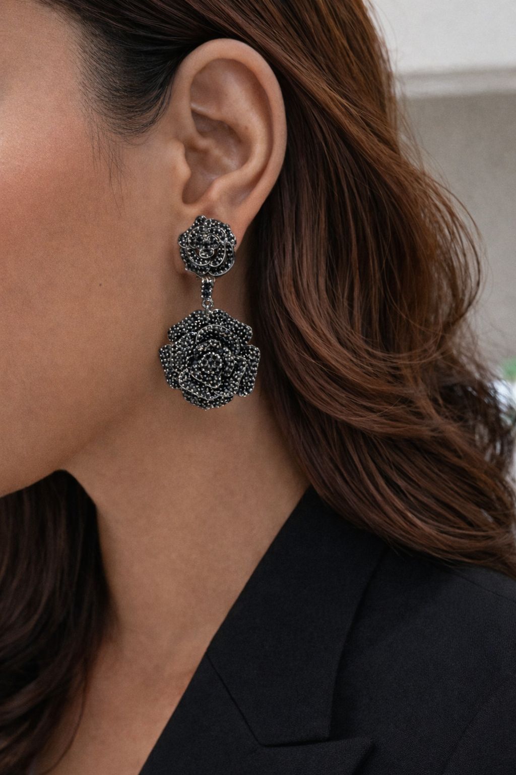 Premium Black Rhodium Double Rose Danglers