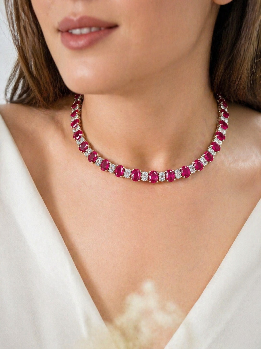 Premium Oval and White Ruby Solitaire Necklace Set