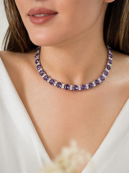 Premium Amethyst and White Oval Diamond Solitaire Classic String Necklace Set with Earrings