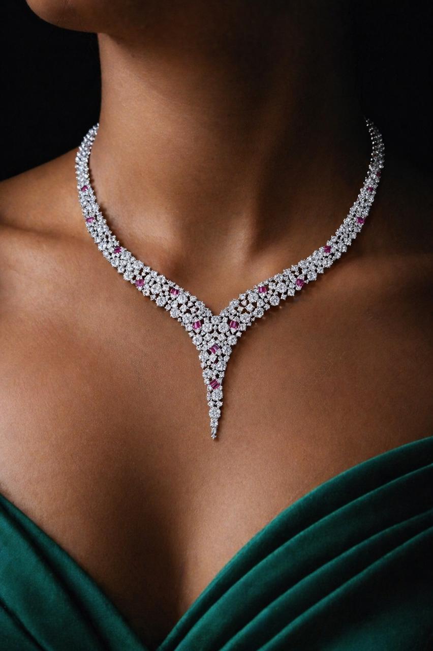 Premium Classic Ruby Cocktail Necklace Set for Women with Statement Earrings