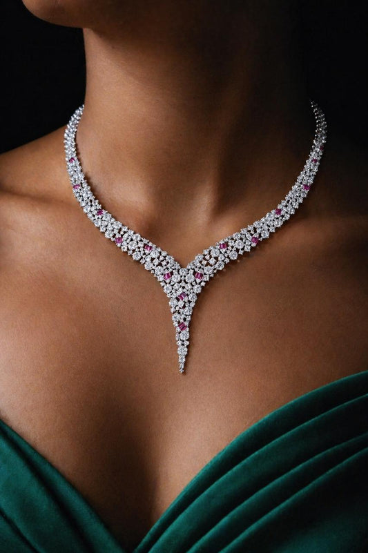 Premium Classic Ruby Cocktail Necklace Set for Women with Statement Earrings