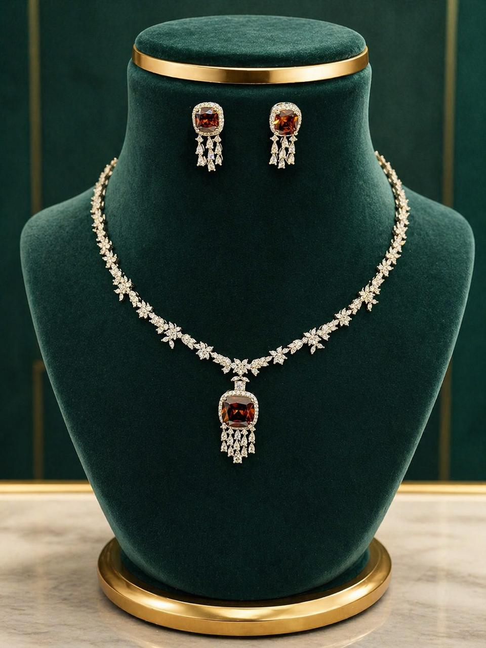 Deep Wine Cushion and Fancy Diamond Bridal Wedding Necklace Set with Earrings