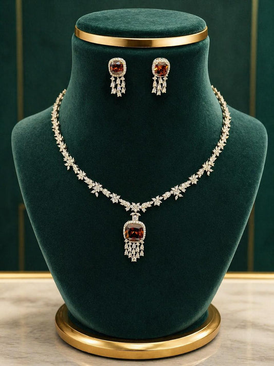 Deep Wine Cushion and Fancy Diamond Bridal Wedding Necklace Set with Earrings