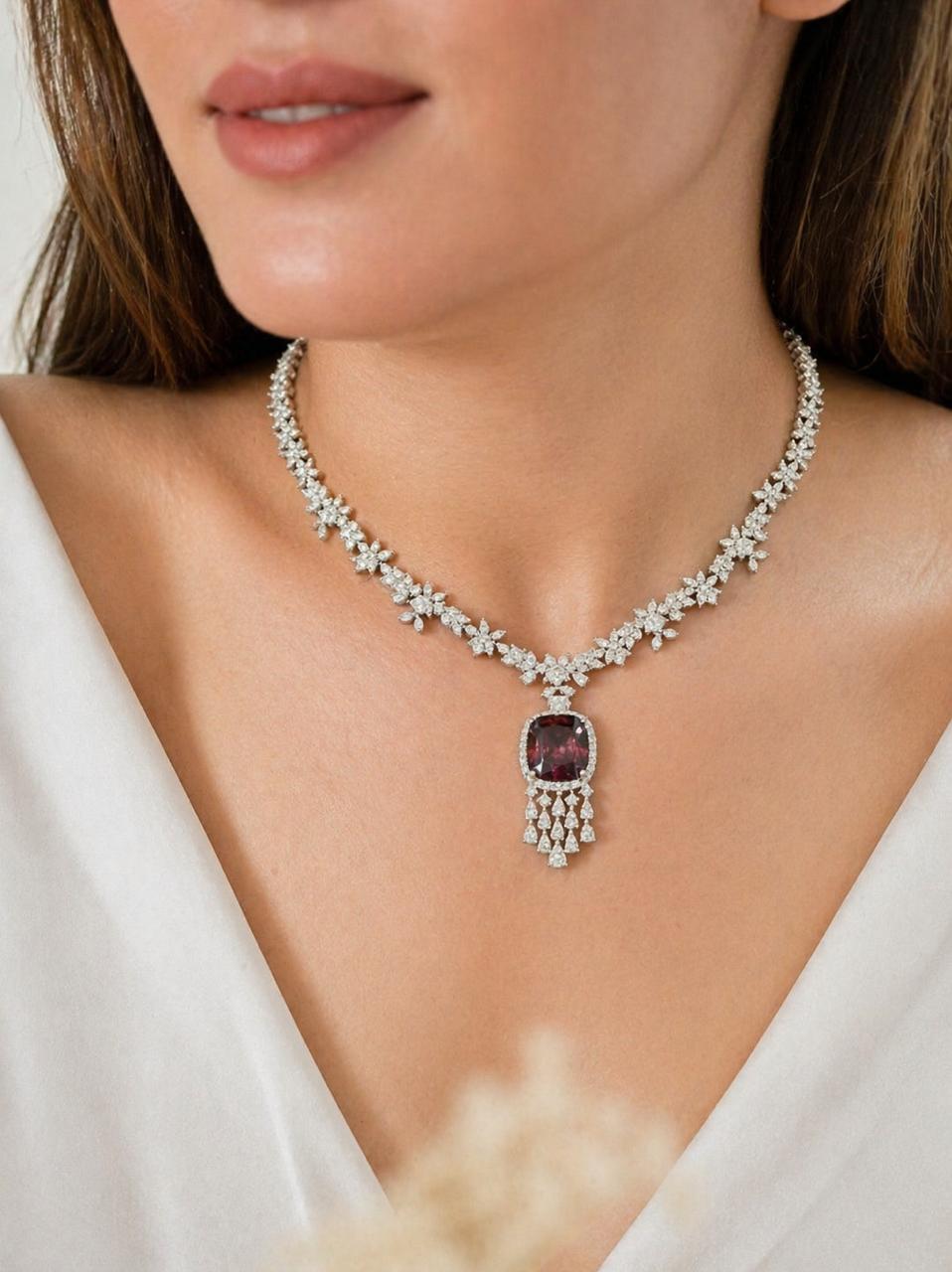 Deep Wine Cushion and Fancy Diamond Bridal Wedding Necklace Set with Earrings