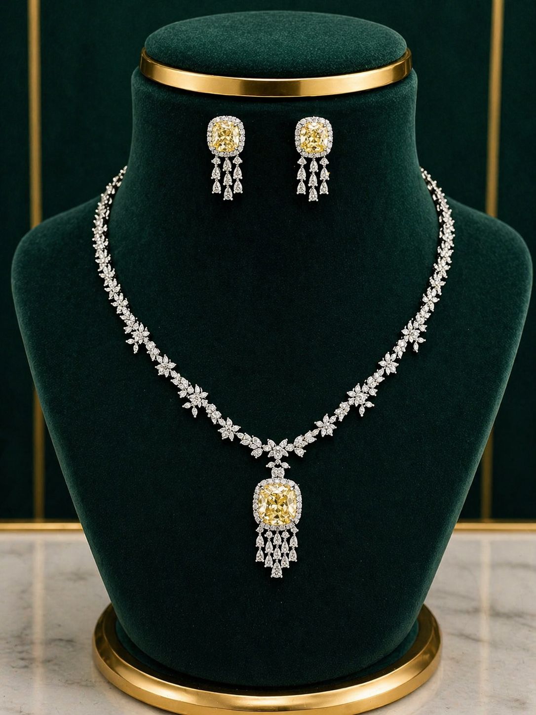 Yellow Cushion and Fancy Diamond Bridal Wedding Necklace Set with Earrings