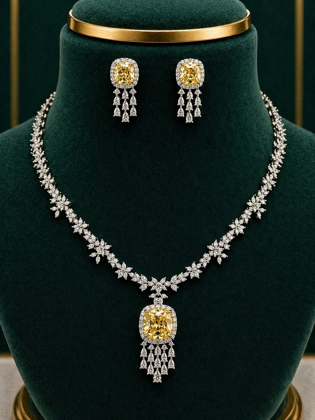Yellow Cushion and Fancy Diamond Bridal Wedding Necklace Set with Earrings