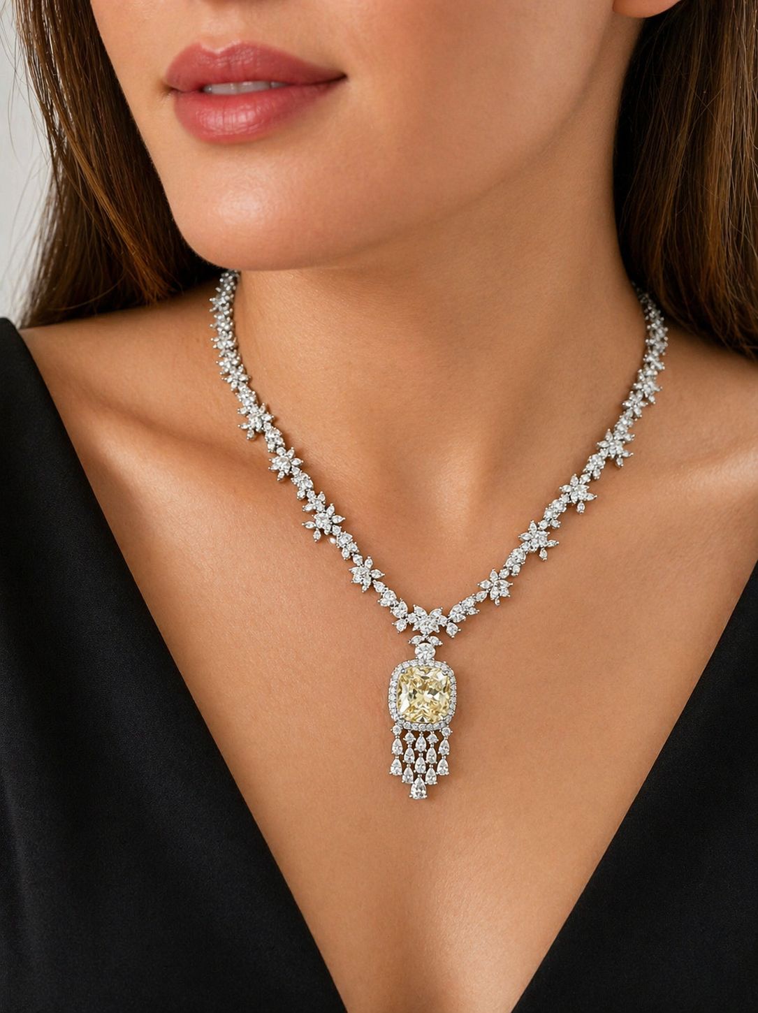 Yellow Cushion and Fancy Diamond Bridal Wedding Necklace Set with Earrings