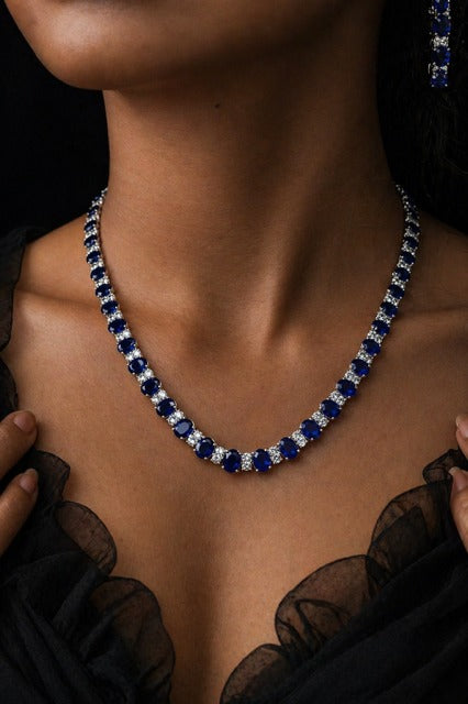 Premium Blue Sapphire and White Oval Diamond Solitaire Classic String Necklace Set