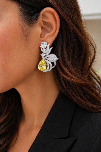 Premium Drop Solitaire Yellow Fire Diamond Statement Party Earrings for Women