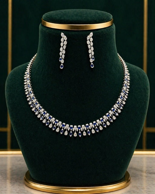 Premium White And Blue Octa Pressure Setting Drop and Marquise Necklace Set with Earrings