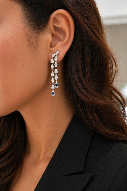 Premium White And Blue Octa Pressure Setting Drop and Marquise Necklace Set with Earrings