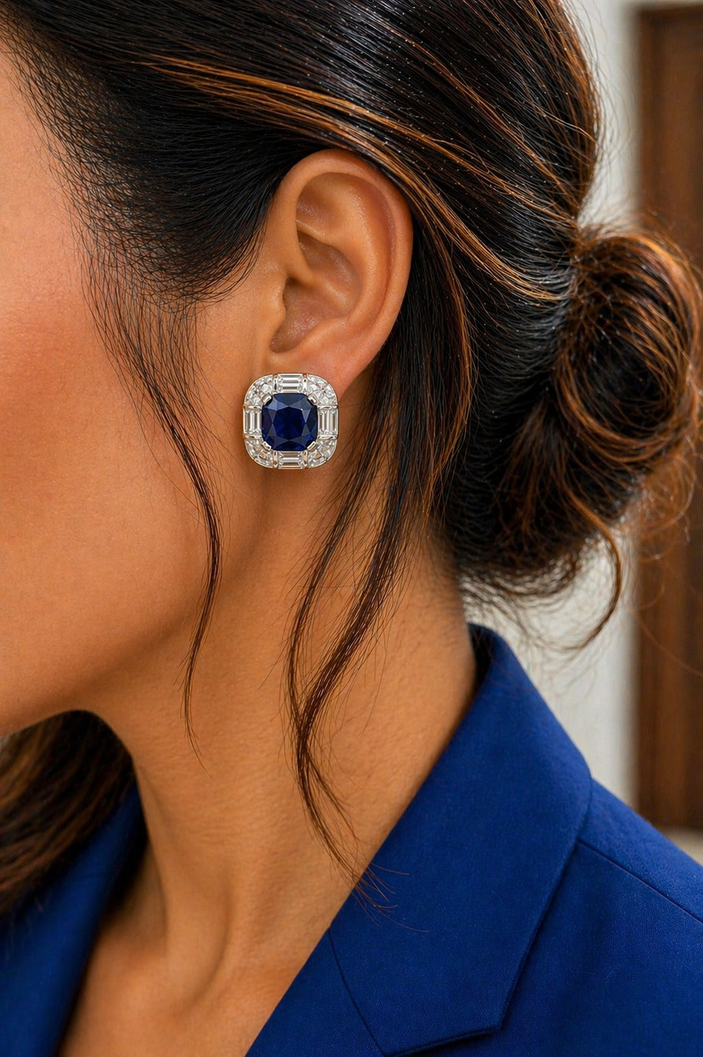 Premium Deep Blue Cushion Cut Statement Party Stud Earrings for Women