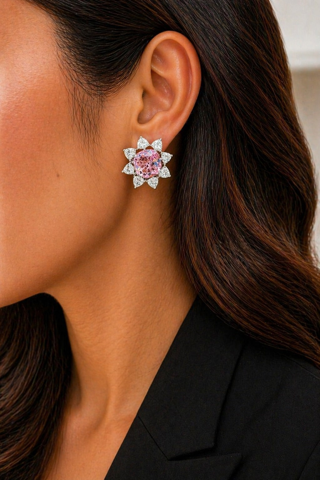 Premium Pink Diamond Chunky Floral Party Stud Earrings for Women