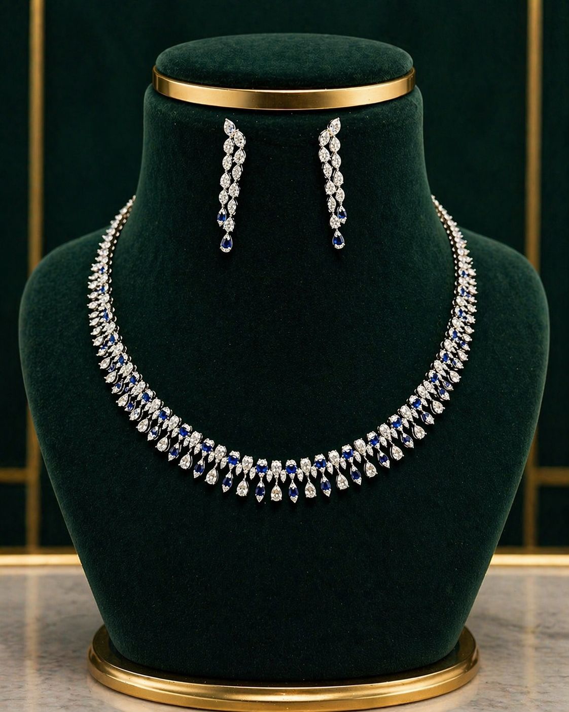 Premium White And Blue Octa Pressure Setting Drop and Marquise Necklace Set with Earrings