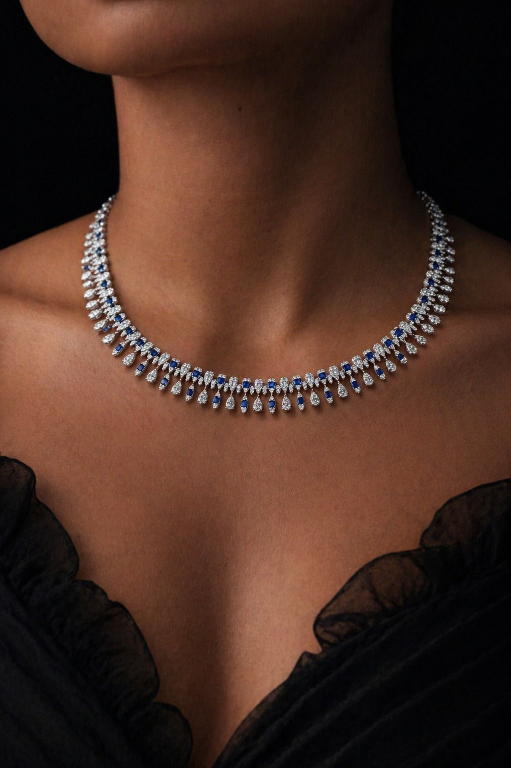 Premium White And Blue Octa Pressure Setting Drop and Marquise Necklace Set with Earrings
