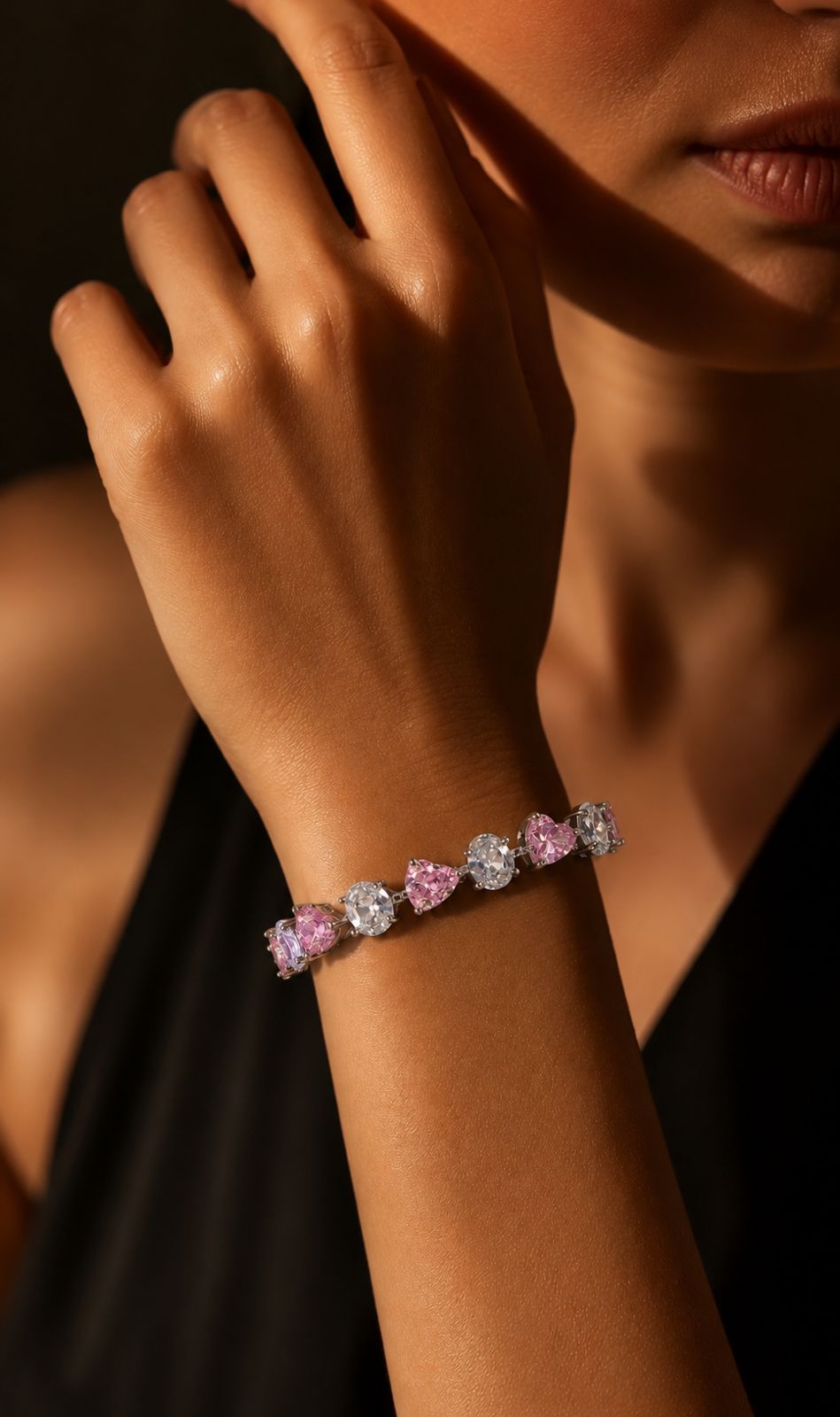 Pink Heart and Oval Cut Solitaire Anti Tarnish Womens Tennis Bracelet
