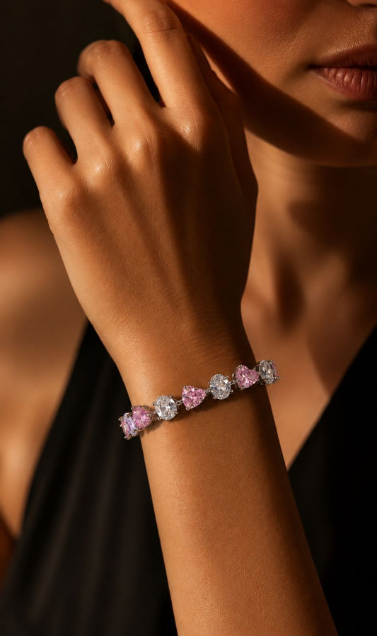 Pink Heart and Oval Cut Solitaire Anti Tarnish Womens Tennis Bracelet