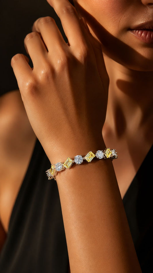 Yellow Diamond Emerald Cut and Round Cut Solitaire Diamond Anti Tarnish Tennis Bracelet for Women